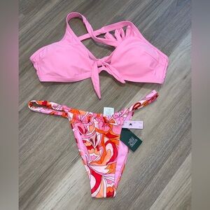 wild fable Pink Tie-Front Bikini Top with Multi-Pink & Orange Print Bottoms